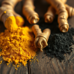 golden and black tumeric powders and roots on a wooden
