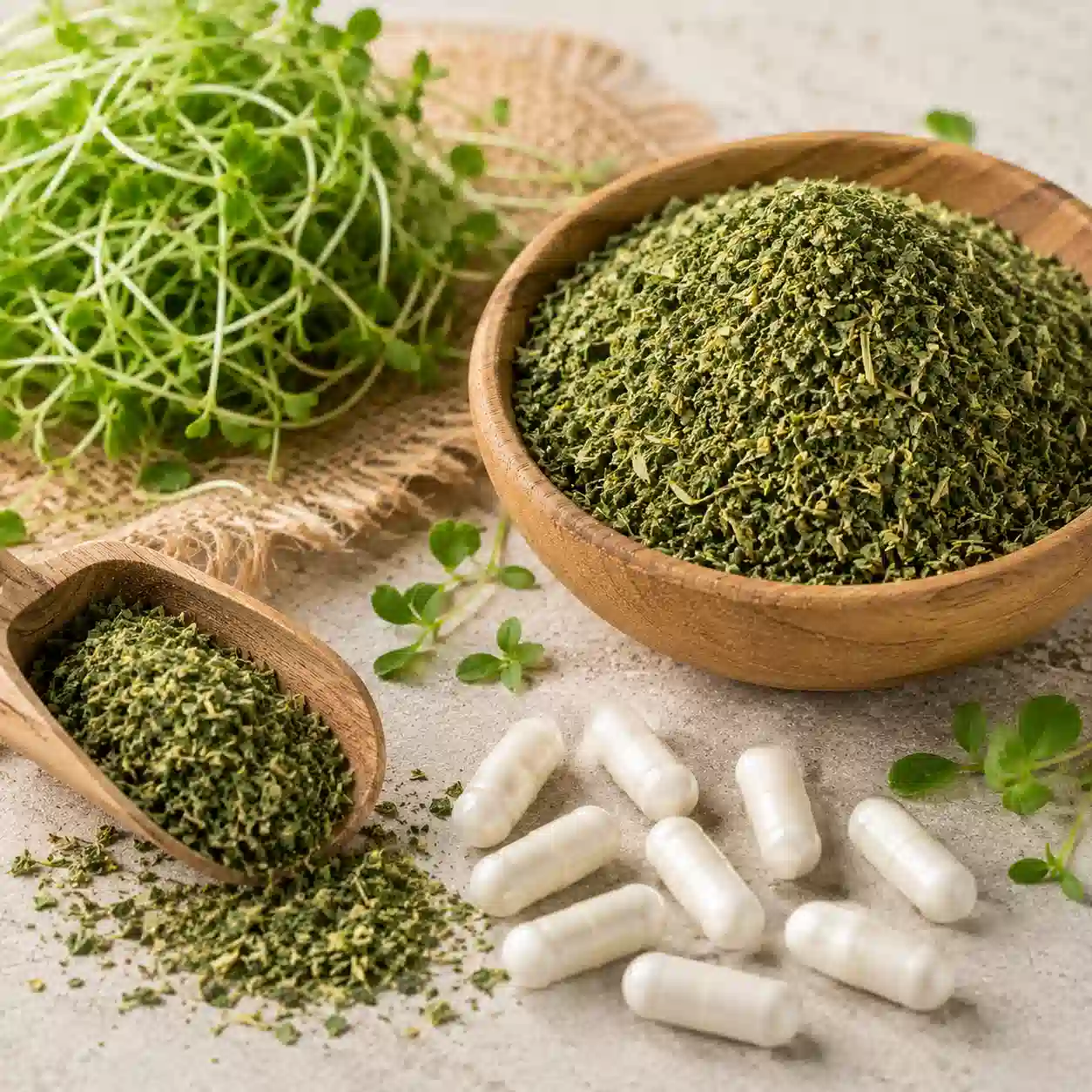 White capsules with fresh alfalfa leaves
